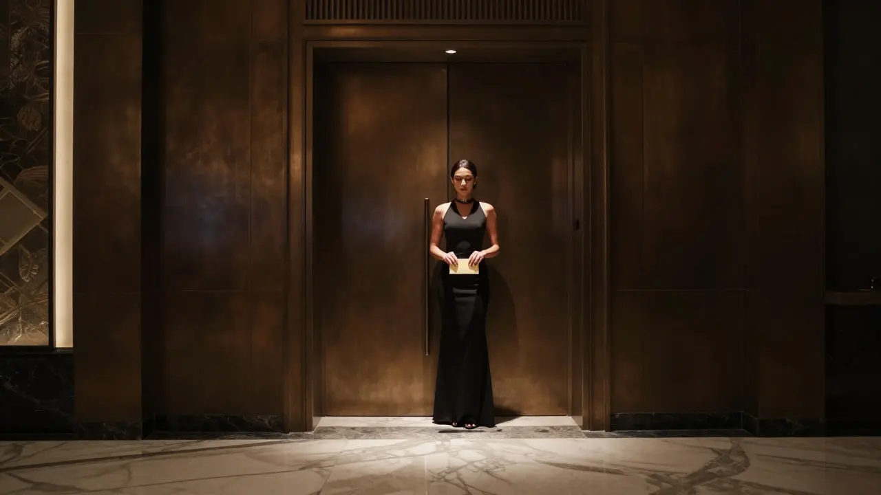 A lone woman in a black gown waits silently at the entrance of a hidden luxury club in Dubai.