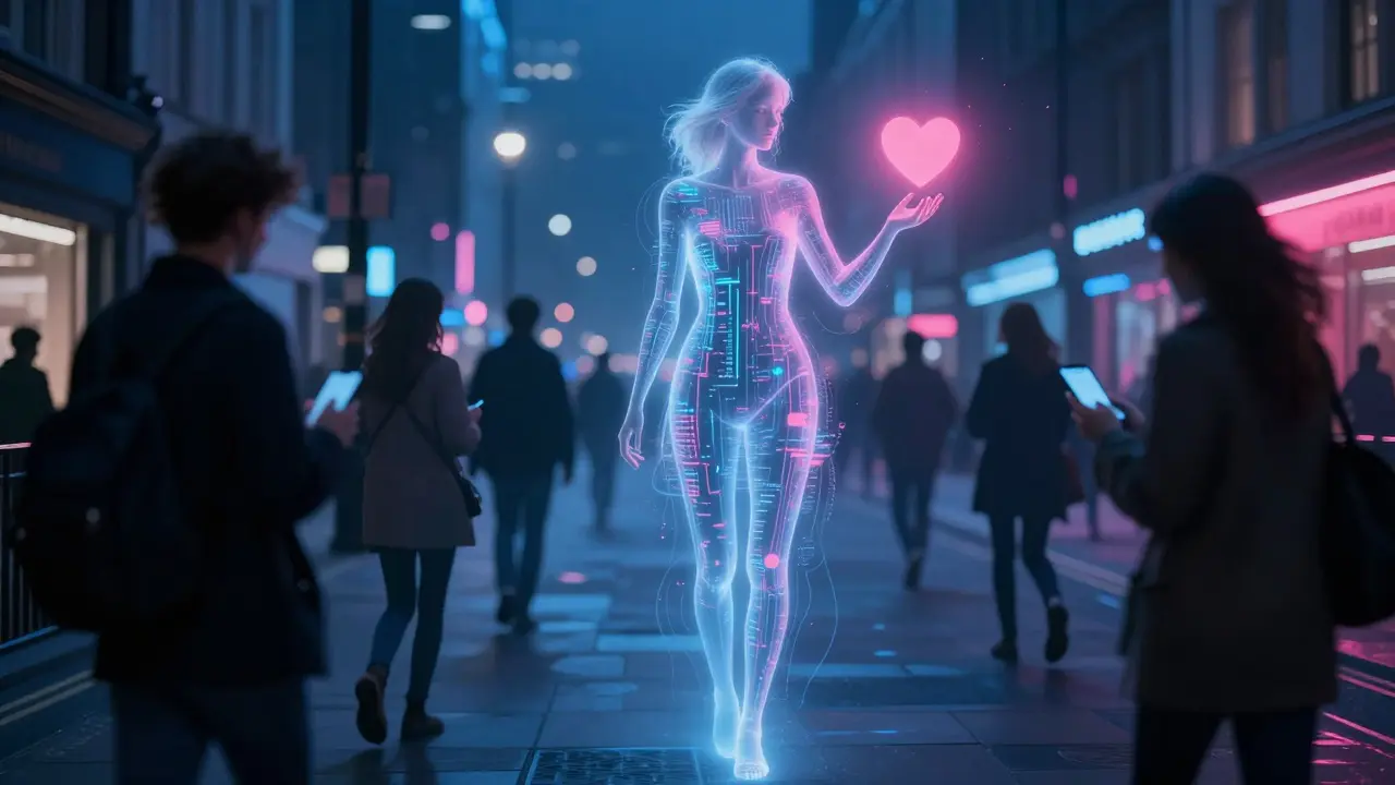 A luminous figure in a crowded London street represents human connection amid digital isolation.
