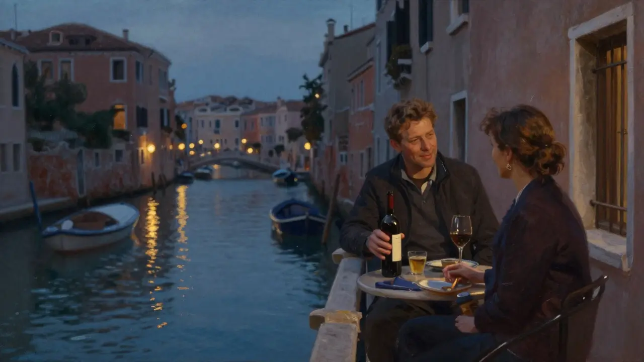 A man and woman sit on a canal balcony at twilight, sharing wine as lanterns reflect on the water below.