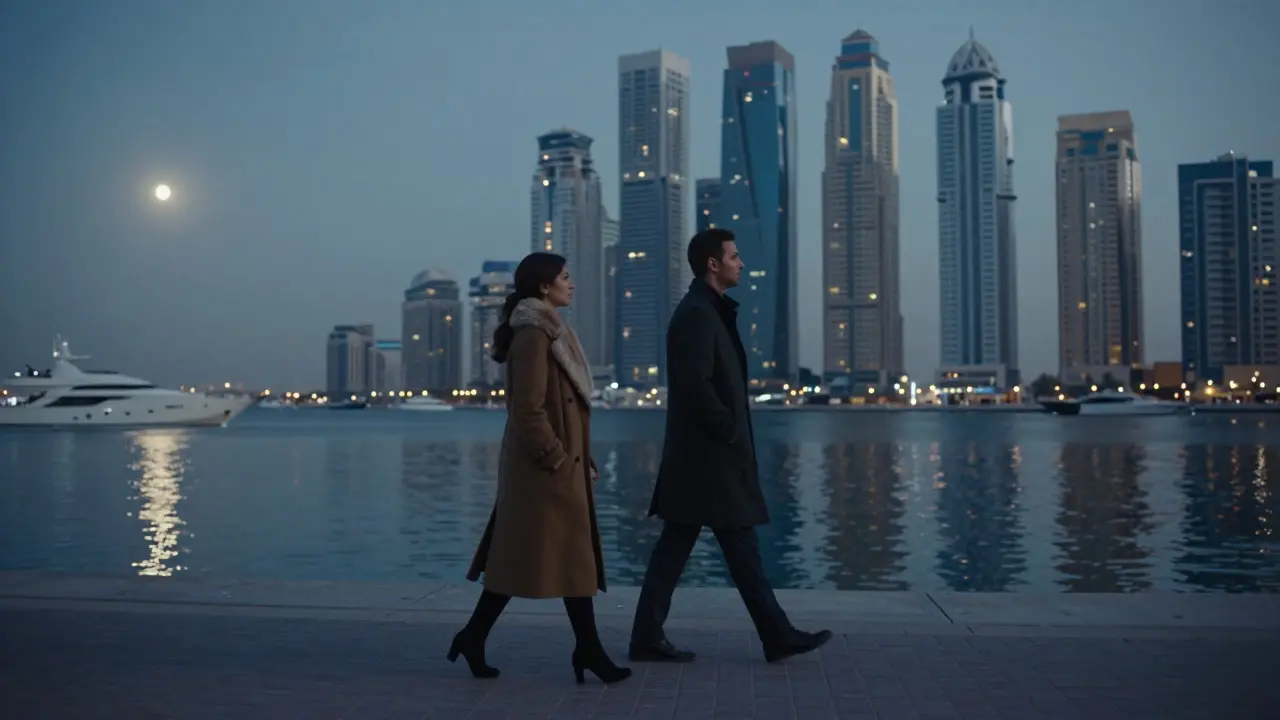 A man and woman walking peacefully along Dubai Marina at dusk, skyline reflected in calm water.