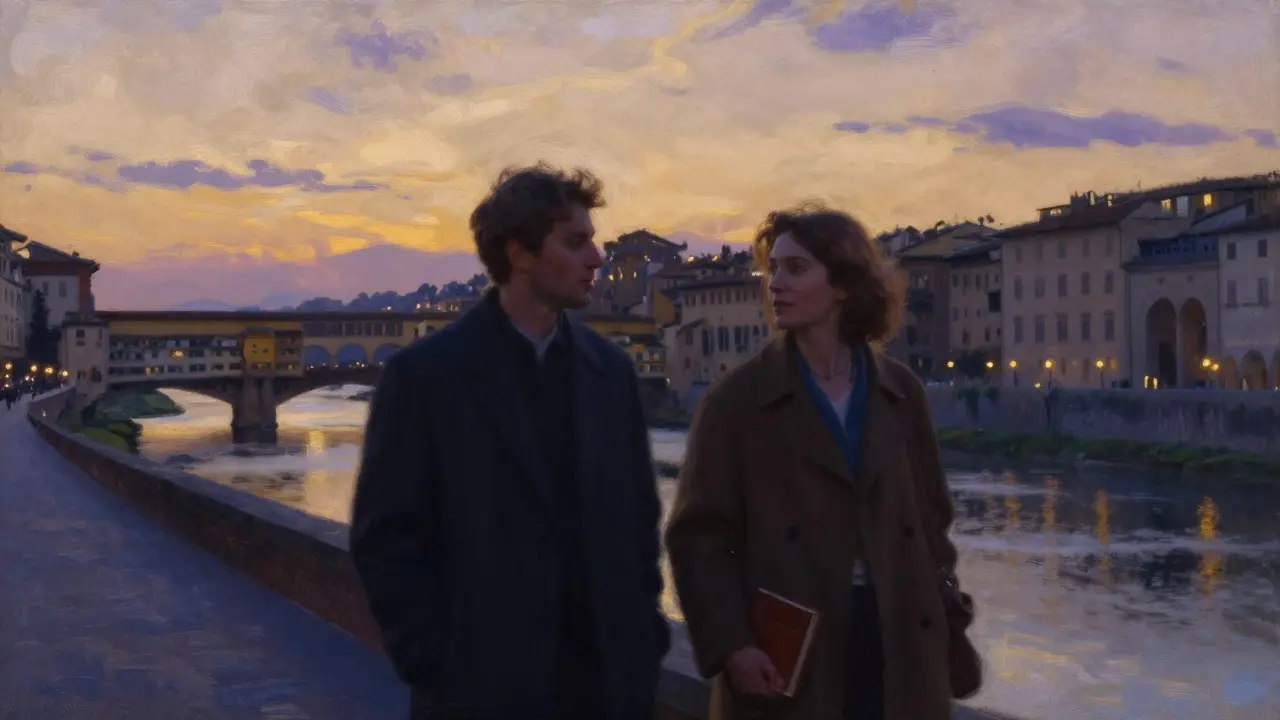 A man and woman walking peacefully along the Arno River at sunset in Milan.