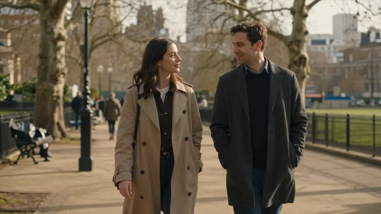 A man and woman walking together in Hyde Park, enjoying quiet companionship in natural daylight.