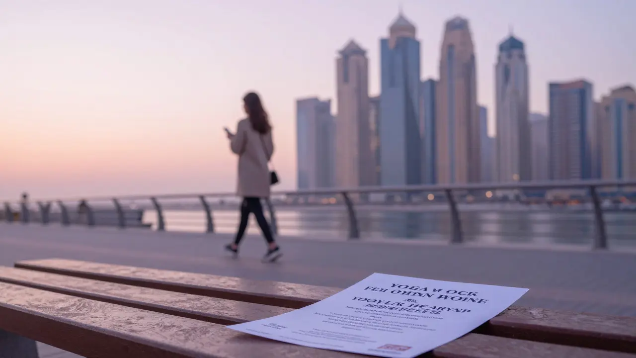 A person walking at dawn along Dubai Marina, passing a flyer for a community event, symbolizing positive alternatives.