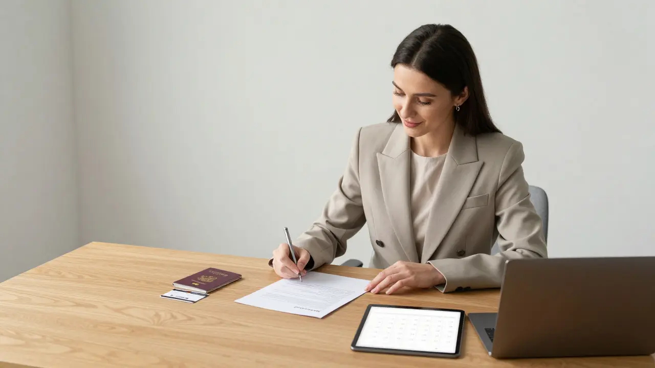 A professional woman reviewing a written agreement with a client at a desk, showing passport and hotel keycard.