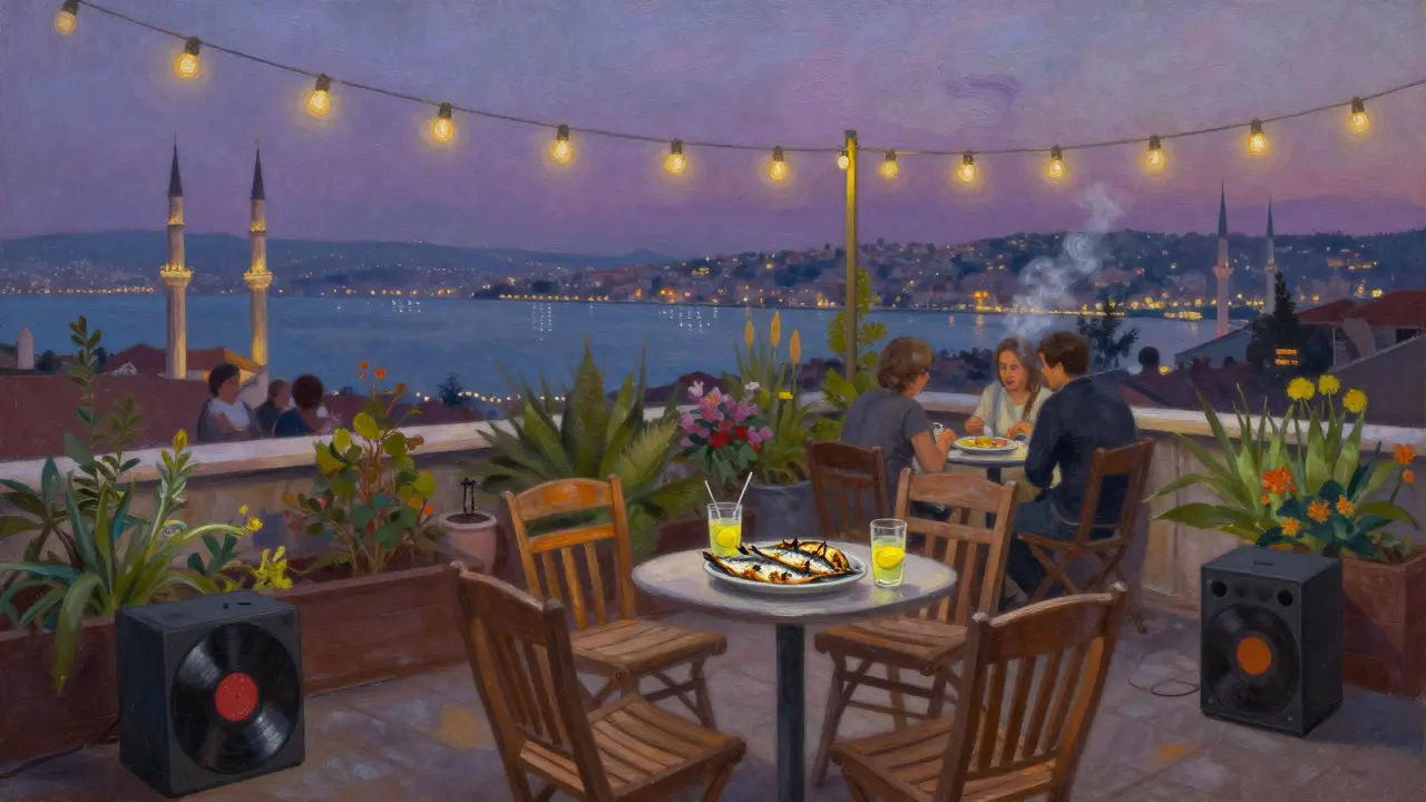 A quiet rooftop garden in Üsküdar with string lights, grilled fish, and the Bosphorus glowing in the distance.