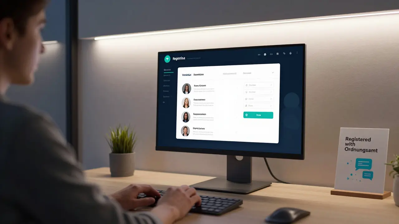 A secure agency portal displaying verified companion profiles in a modern Berlin office.