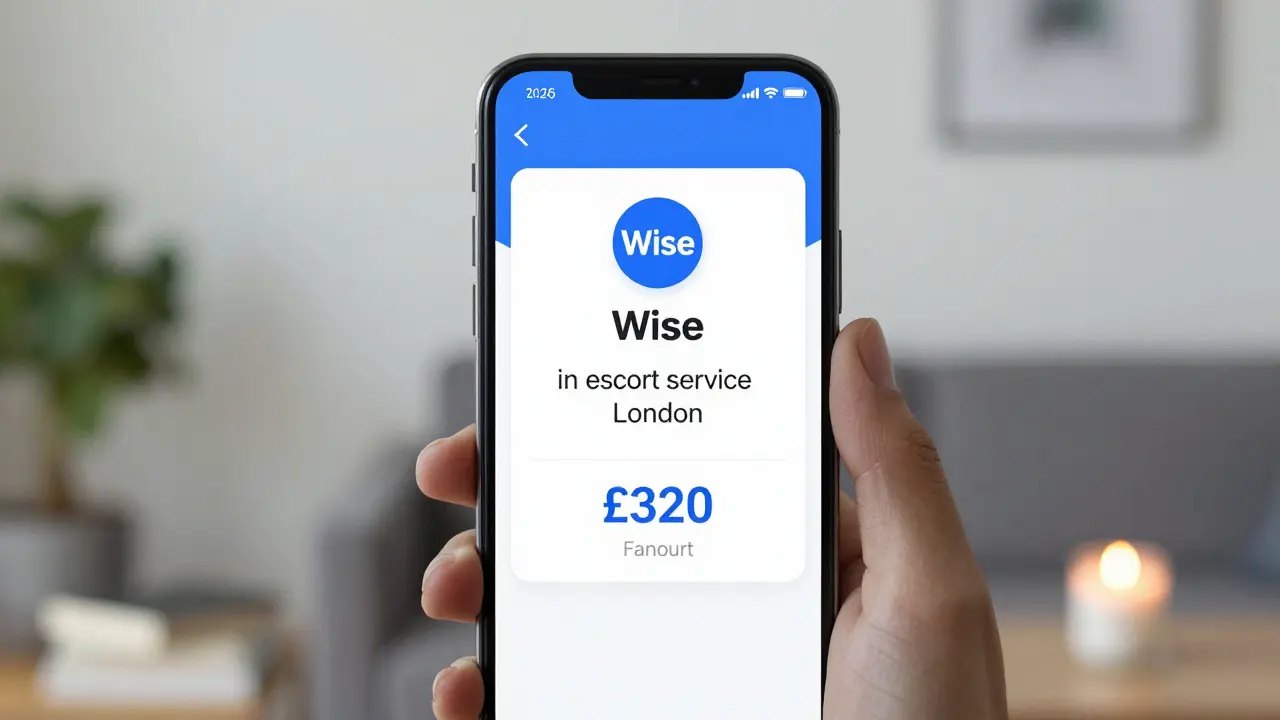 A smartphone screen showing a secure payment confirmation to an escort service in London.