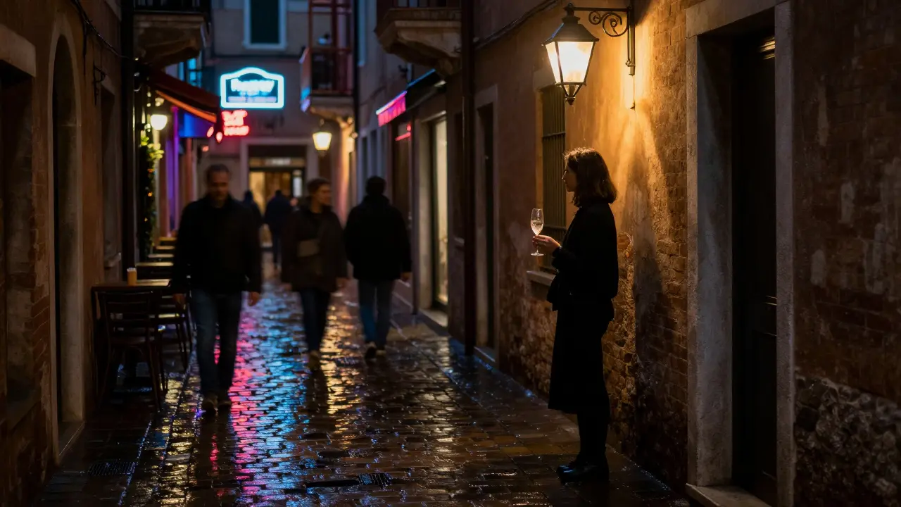 A solitary elegant figure stands under a lantern in a rainy Navigli alley, radiating quiet exclusivity.