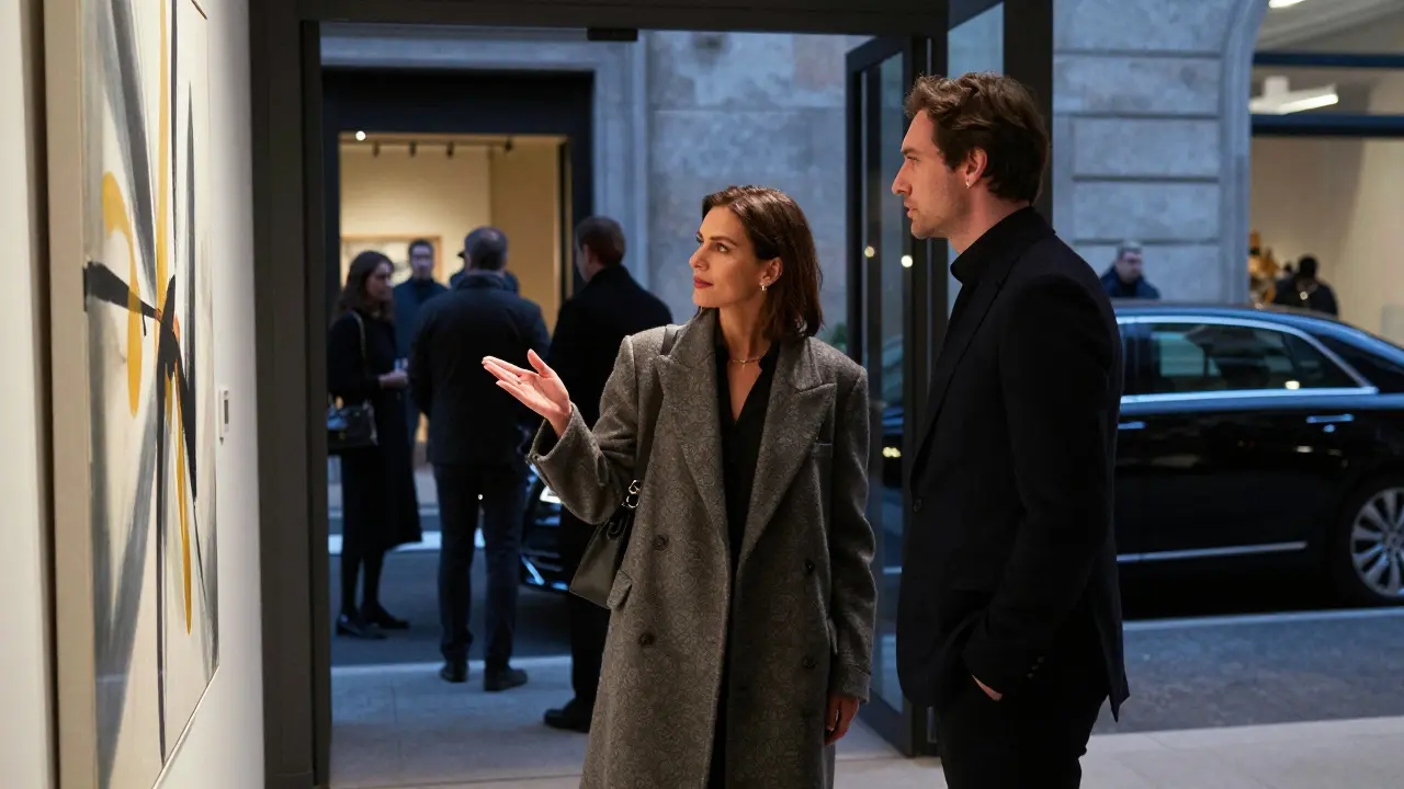 A sophisticated couple admiring art at a private gallery opening in Milan at night.