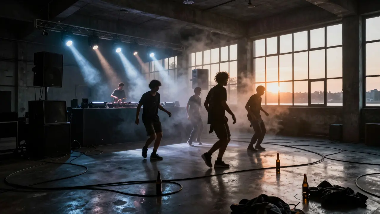 A warehouse club at sunrise, silhouettes dancing under strobe lights as dawn breaks over the Thames.