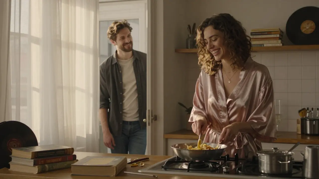 A warm morning scene in a cozy Berlin studio, a woman cooking pasta as sunlight streams through curtains.