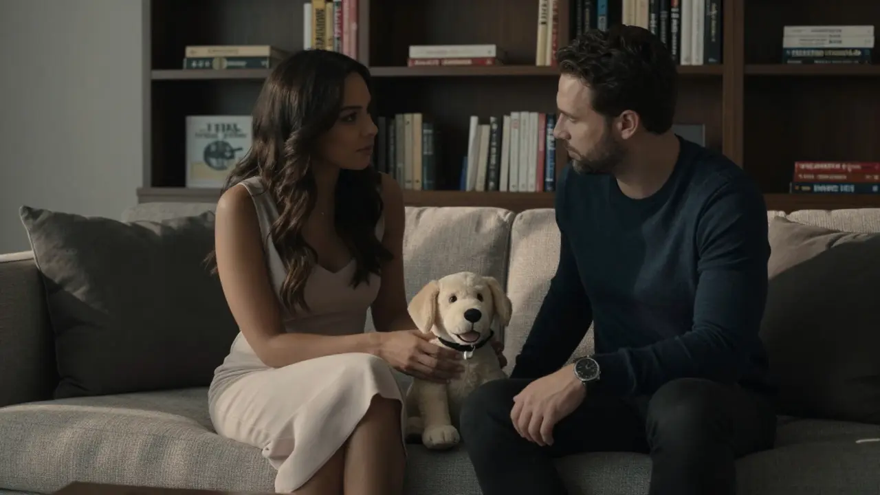 A woman and man in a cozy apartment, sharing a small stuffed dog toy under soft lamplight.