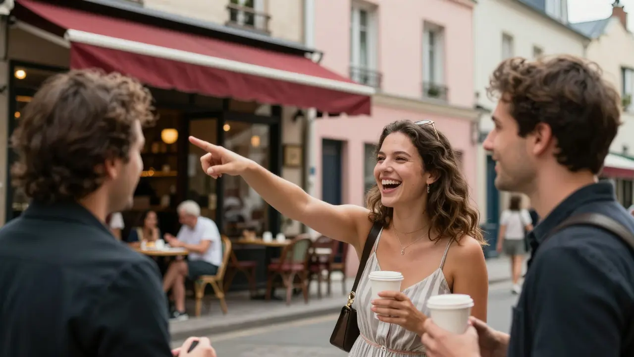 A woman and man laughing outside a Montmartre café, street musicians and pastel buildings in the background.