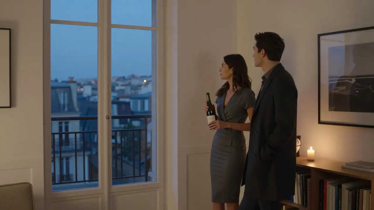 A woman holding wine in a minimalist Paris apartment, city lights visible through large windows.