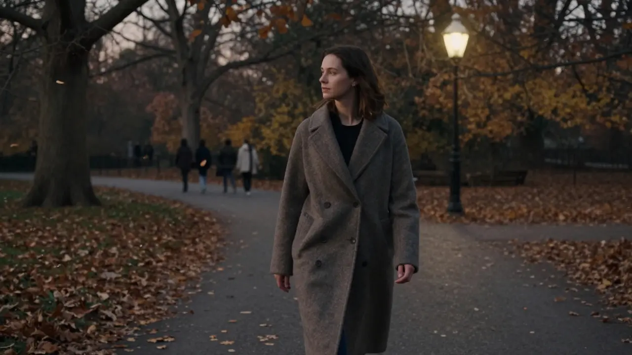 A woman walking alone through Hyde Park at dusk, calm and composed, autumn leaves surrounding her.