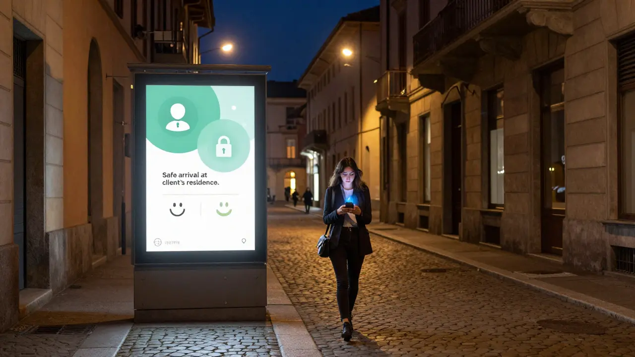 A woman walking safely through Milan’s Brera district, her phone showing a location-sharing confirmation.
