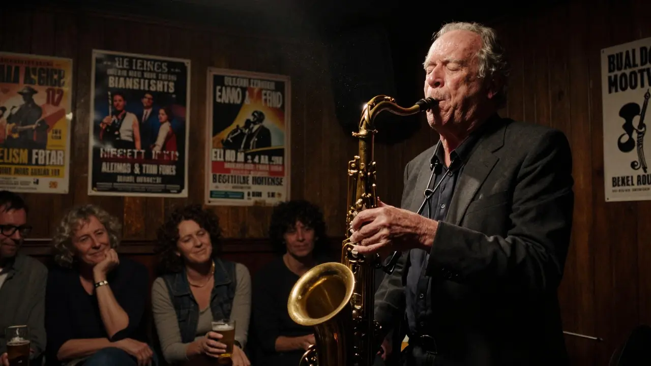 An elderly saxophonist performing in a dimly lit basement jazz club in Belleville, surrounded by attentive listeners.