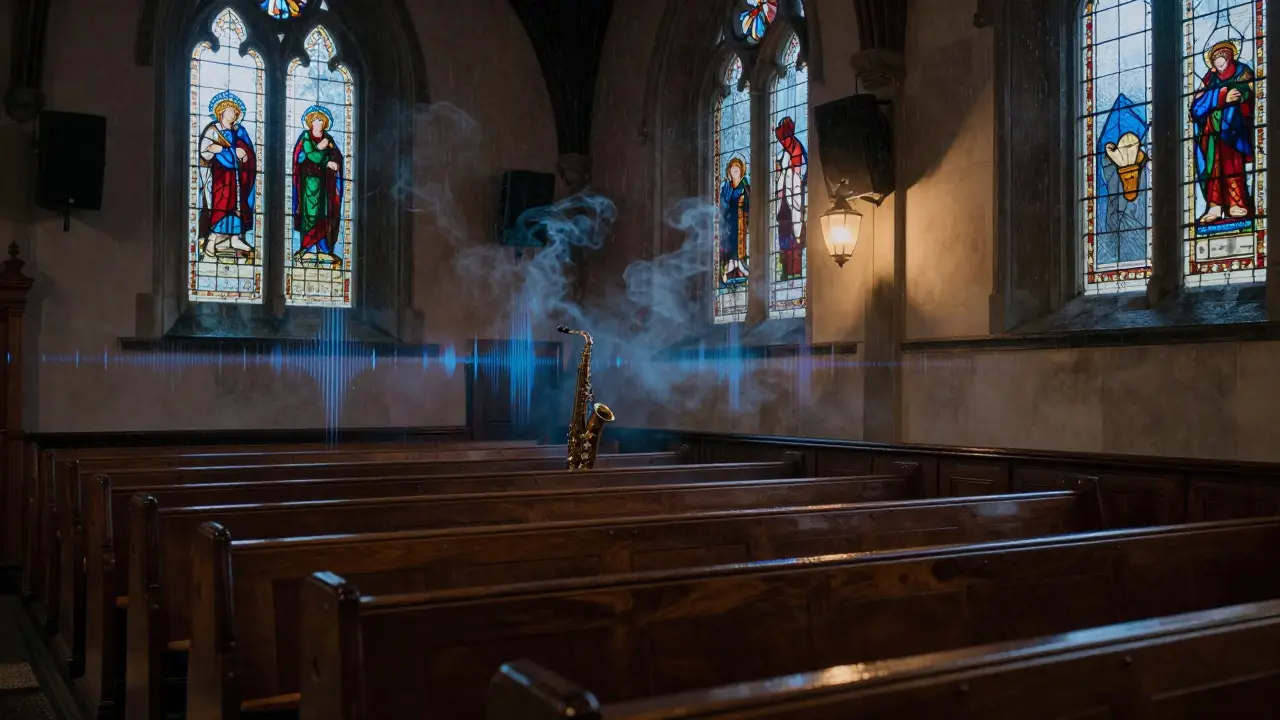 An empty church at night with sound waves visible in the air, rain tapping the windows.