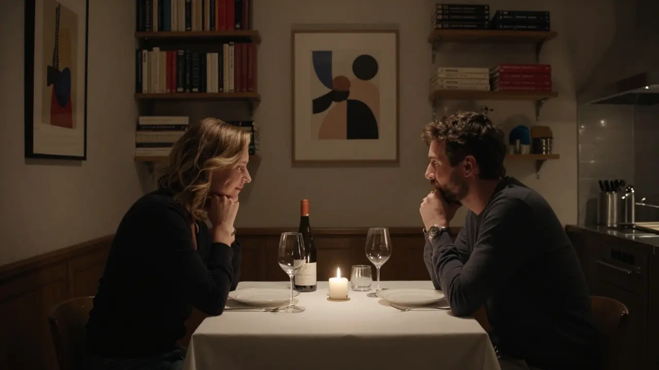 An intimate dinner in a private Parisian kitchen, candlelit, with fine china and wine under soft lighting.