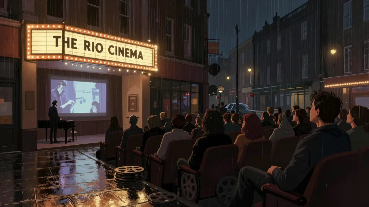 An old cinema screens a silent film with a live pianist, audience absorbed in the moment.