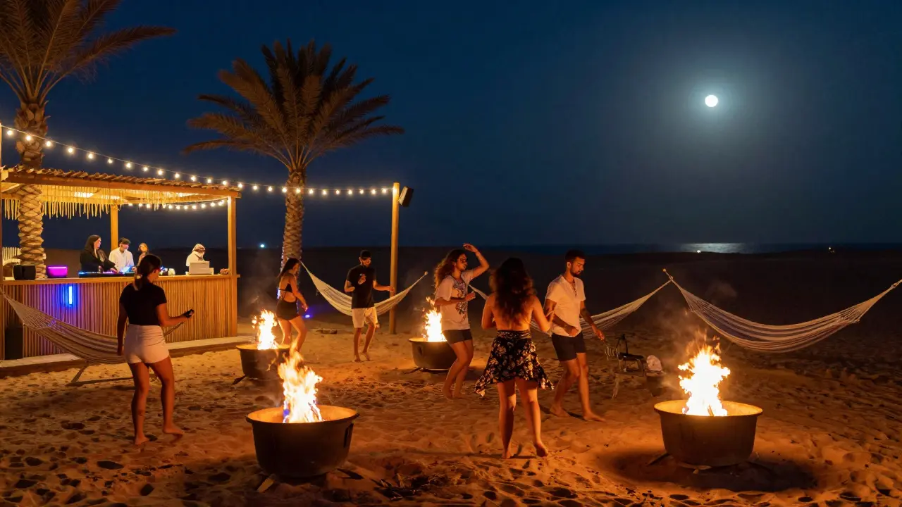 Beach club at night with fire pits, guests dancing on sand under string lights, palm trees silhouetted against moonlit sky.