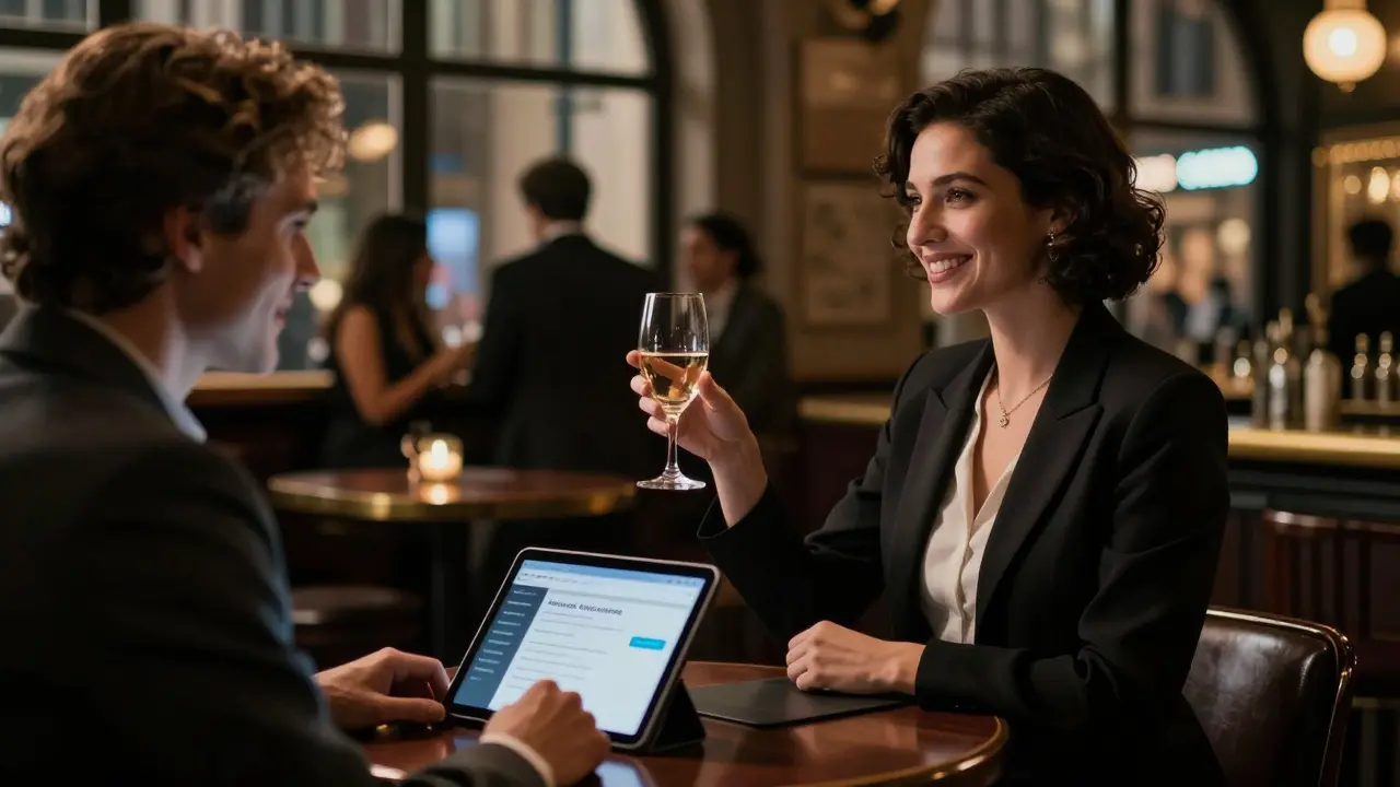 Client and escort toasting at a Milan bar near Duomo, safe and professional setting.