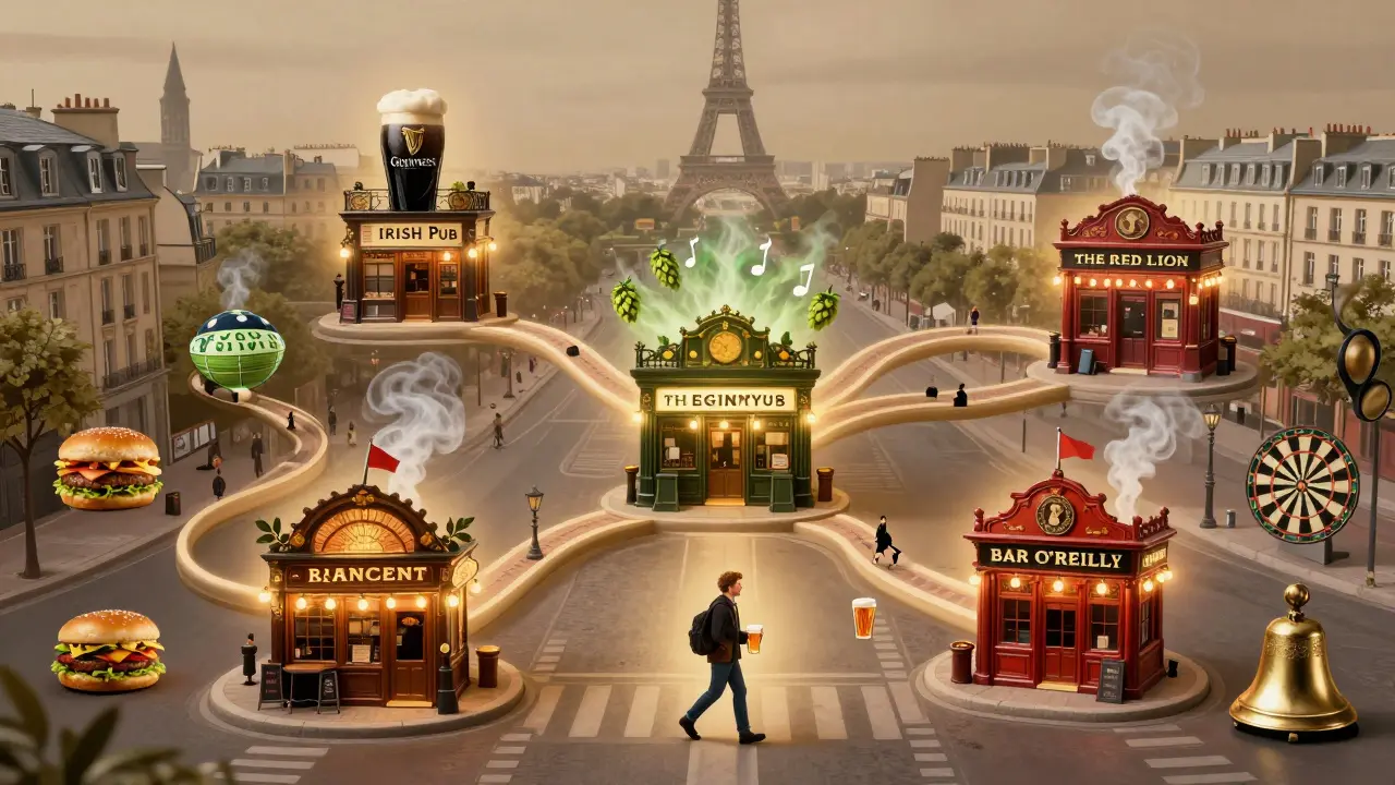 Conceptual map of a Paris pub crawl with glowing pubs, cultural icons, and a lone walker surrounded by beer and music.