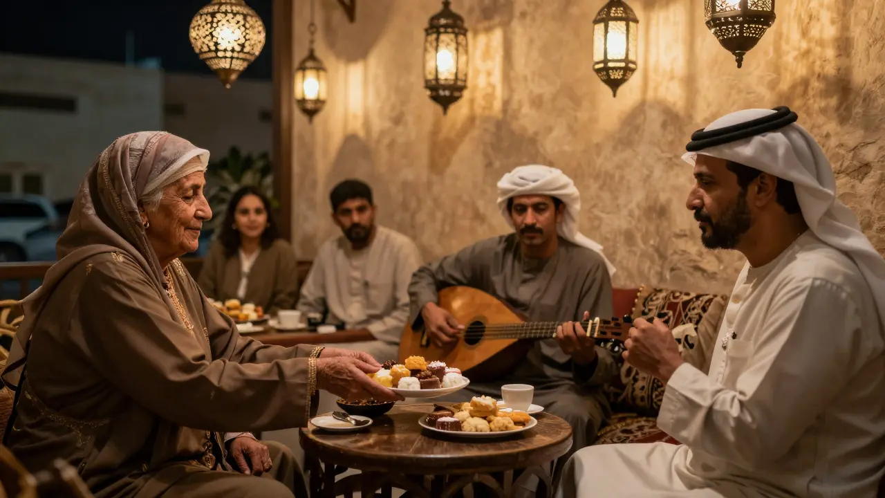 Cozy cultural café at night with oud musician and locals sharing sweets under traditional lanterns.
