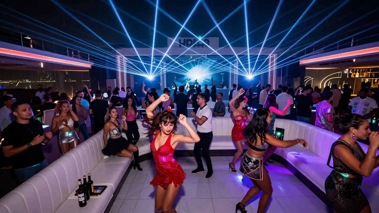 Crowd dancing under laser lights in a luxury nightclub with VIP booths and dancers.