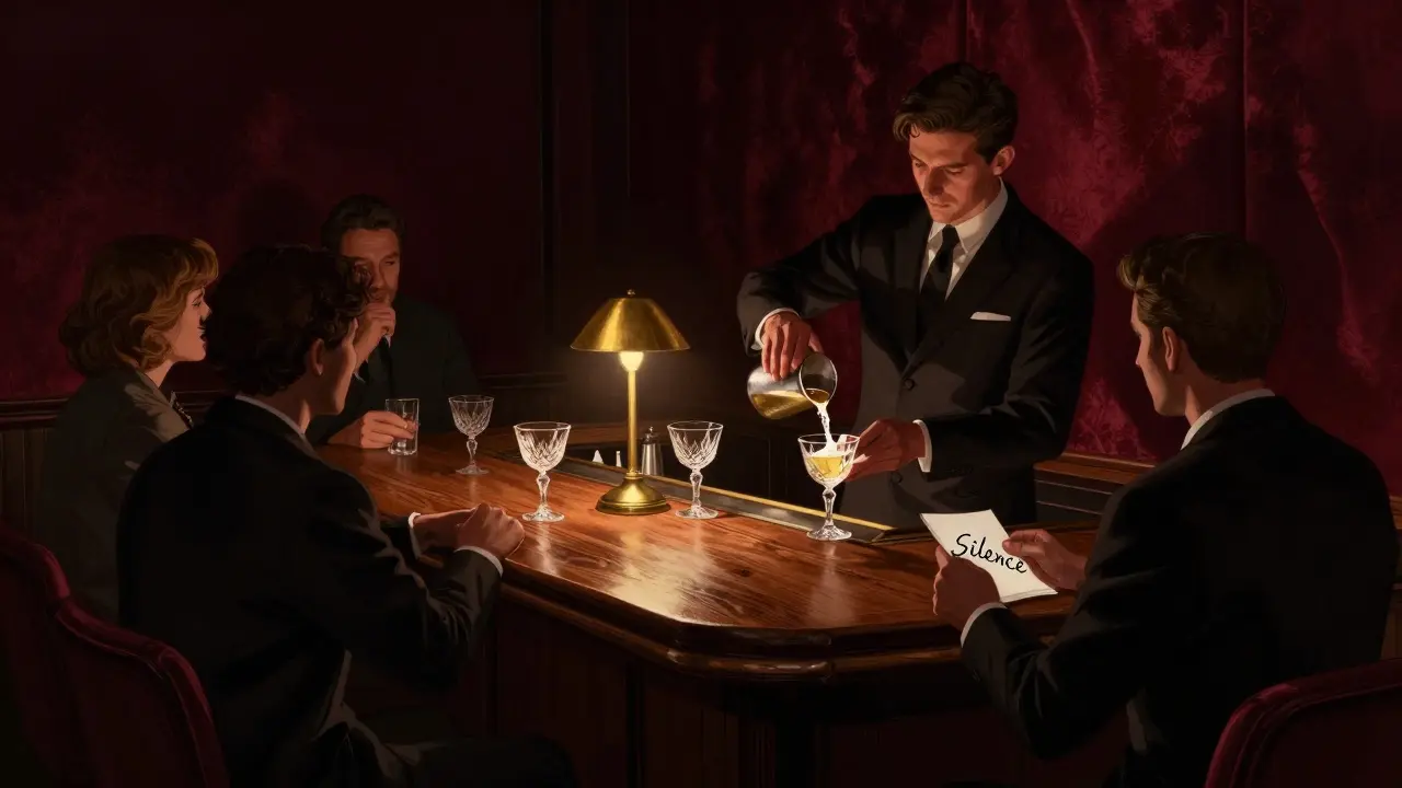 Dim speakeasy interior with velvet walls, crystal cocktails, and a napkin saying 'Silence'.