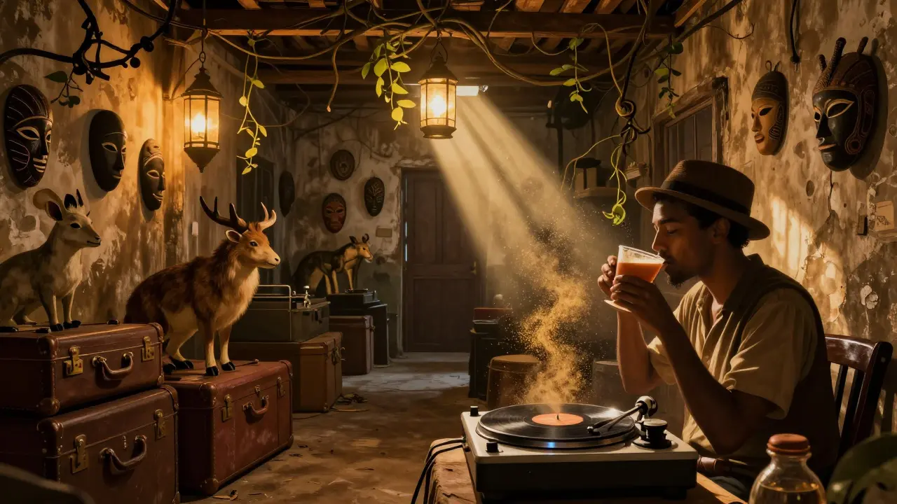 Dim warehouse bar with vintage suitcases, taxidermy, and hanging lanterns