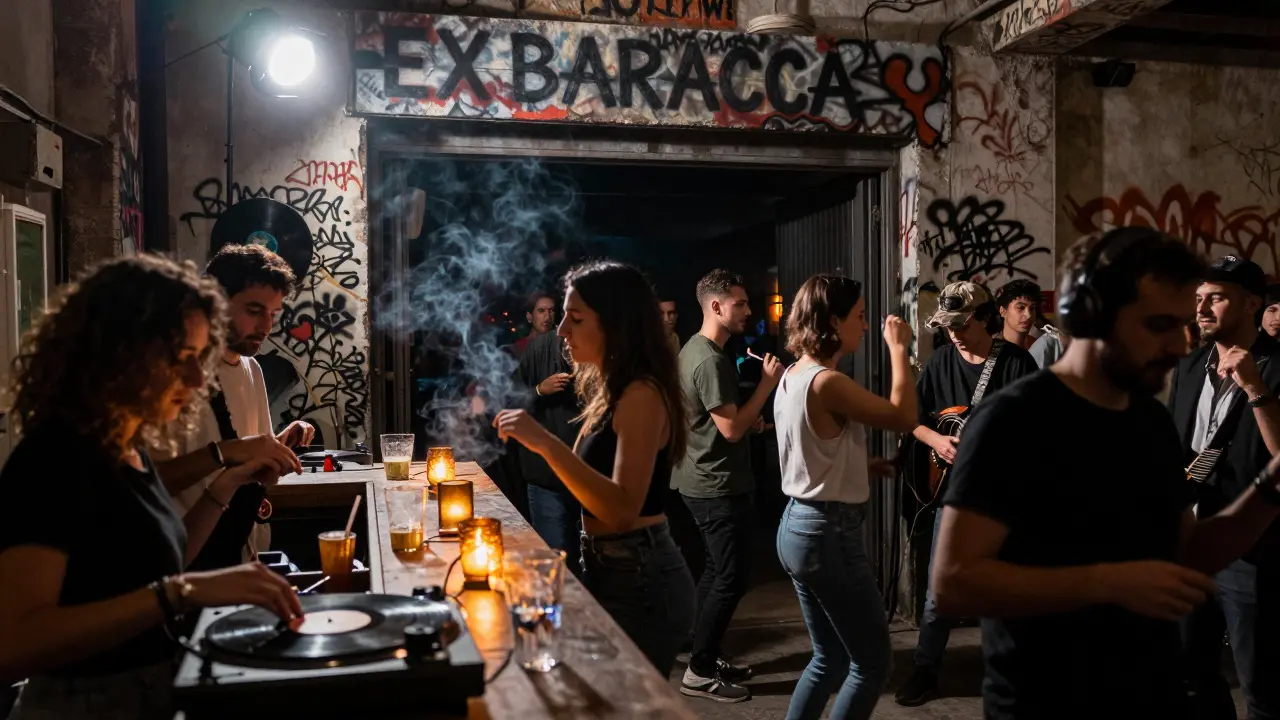 Dim warehouse bar with vinyl record spinning, diverse crowd dancing to Italo-disco in low light.