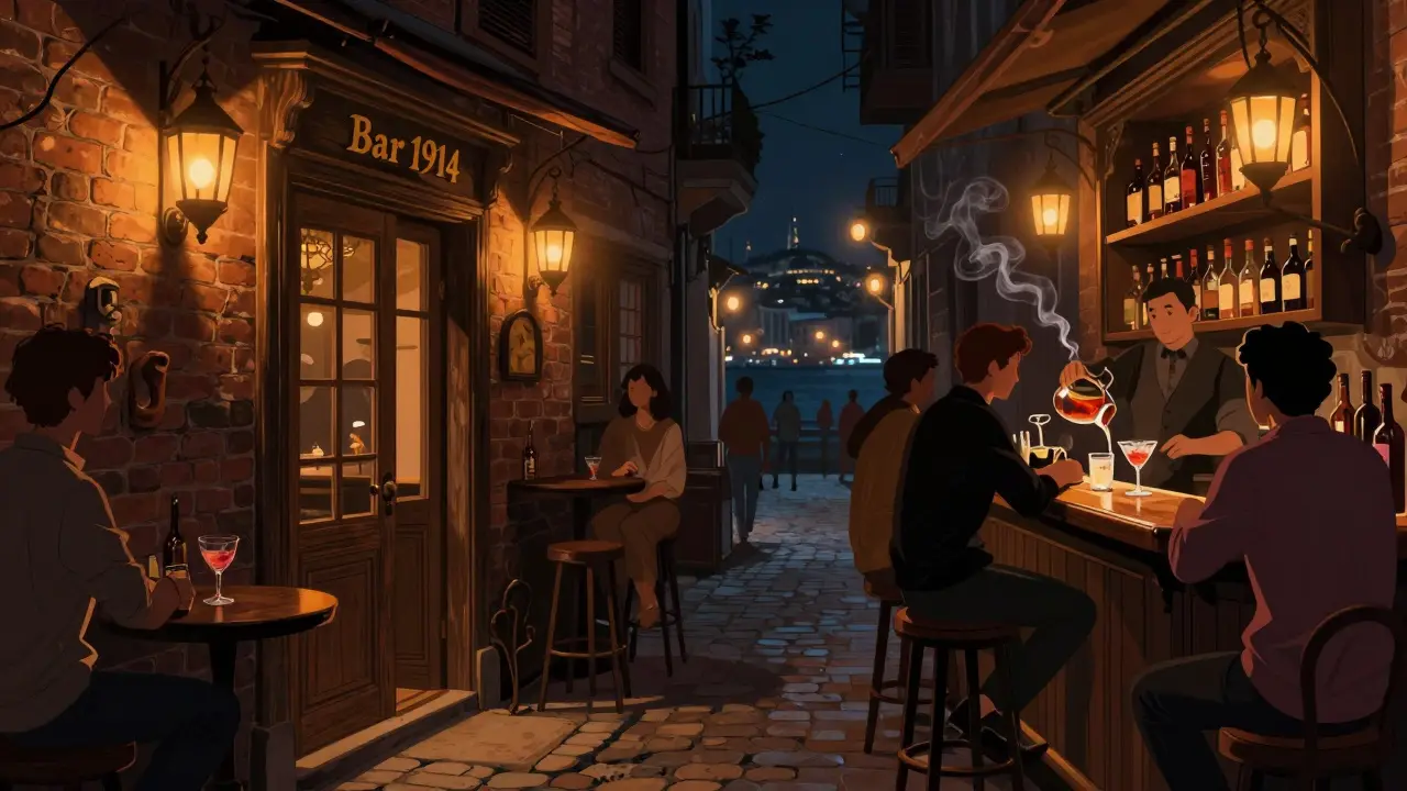 Dimly lit hidden bar in Karaköy with brick walls and patrons sipping artisanal cocktails under warm lantern light.