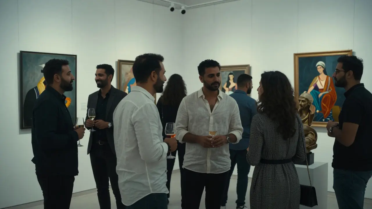 Diverse crowd mingling at an art gallery opening in Alserkal Avenue, engaging with contemporary art.