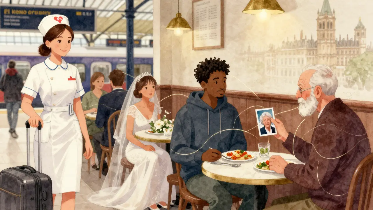 Diverse Londoners finding companionship at train stations, weddings, and cafés, connected by emotional bonds.