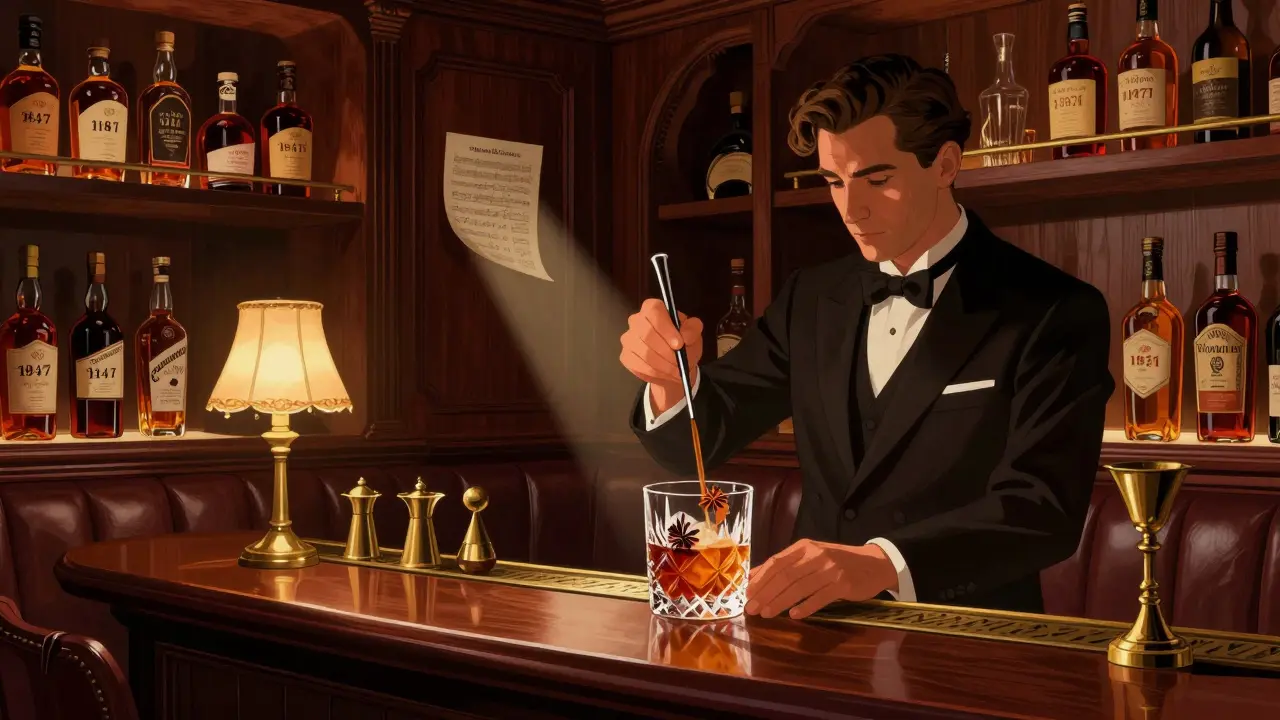 Elegant 1920s-style speakeasy with wooden panels, vintage whiskey bottles, and a bartender mixing a cocktail.