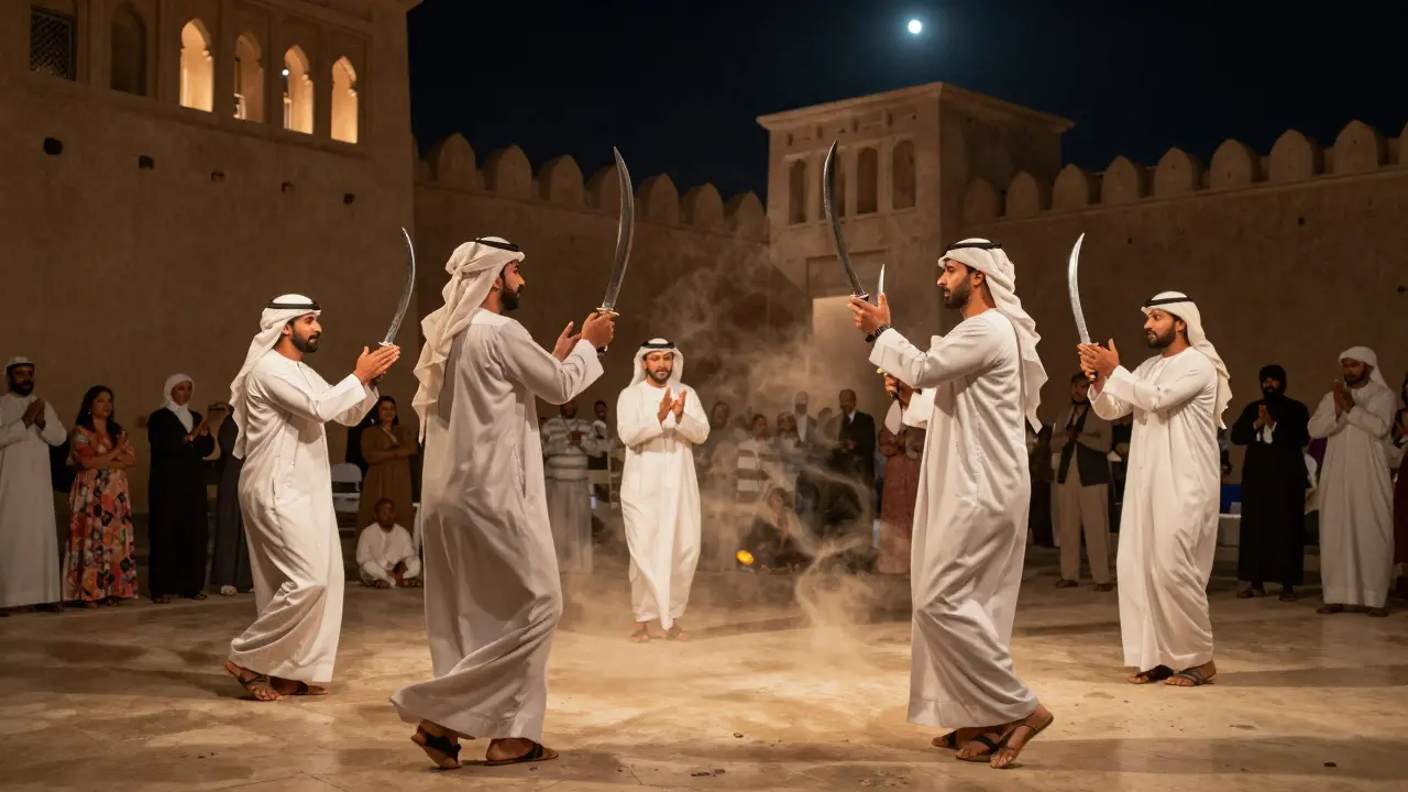 Emirati men performing traditional Yowlah dance with swords and clapping under warm museum lights.