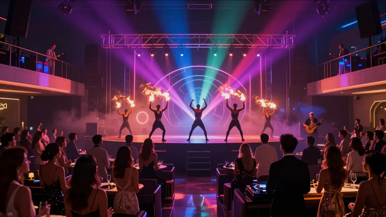 Fire dancers and acrobats performing under vibrant light shows in Yas Island's upscale after-party venue.