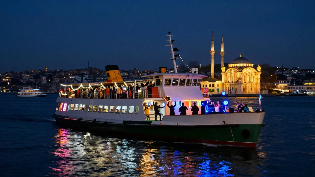 Floating ferry party on the Bosphorus at night with dancers on the bow and string lights reflecting on the water.