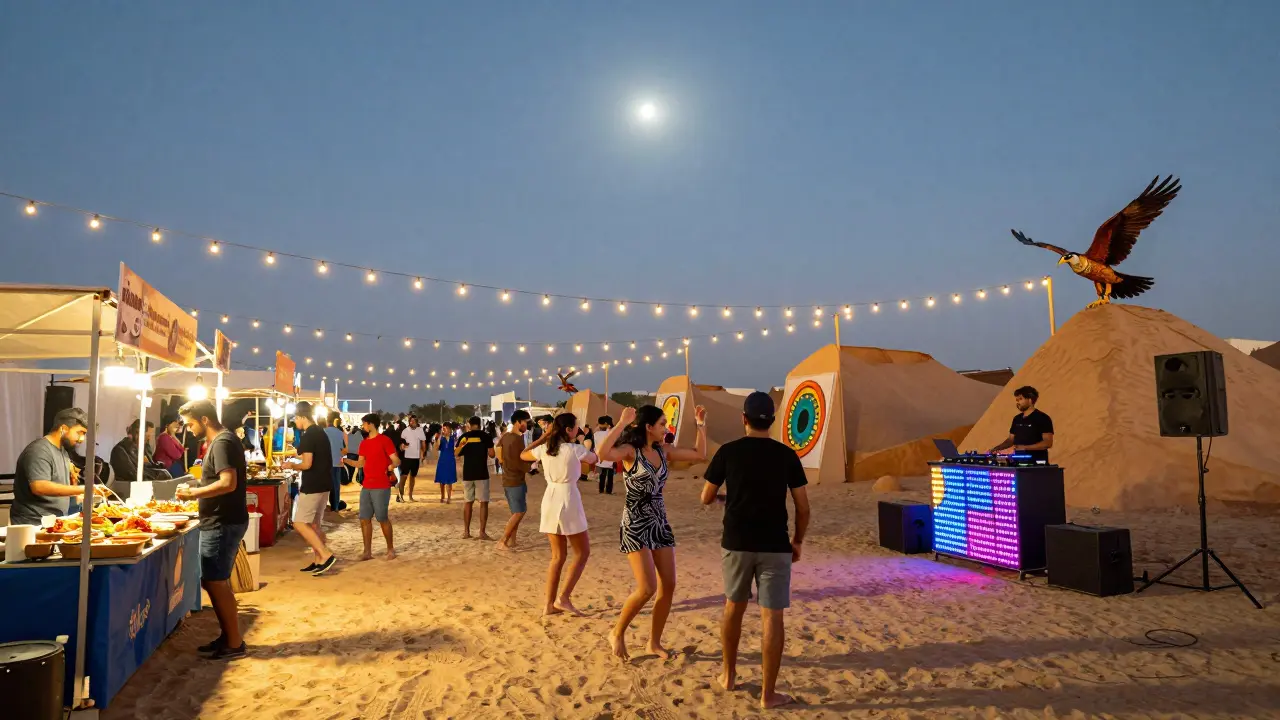Friday night Abu Dhabi Night Market with string lights, food stalls, and dancing under the moon.