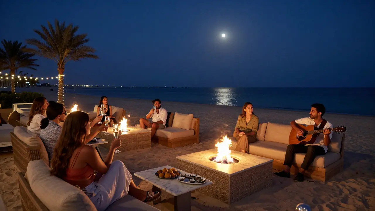 Friends enjoying champagne by a beachside fire pit with acoustic music at night.