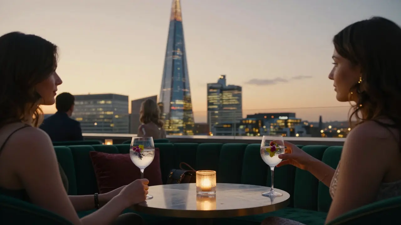 Glamorous rooftop bar at sunset with guests sipping cocktails and the Shard in the background.