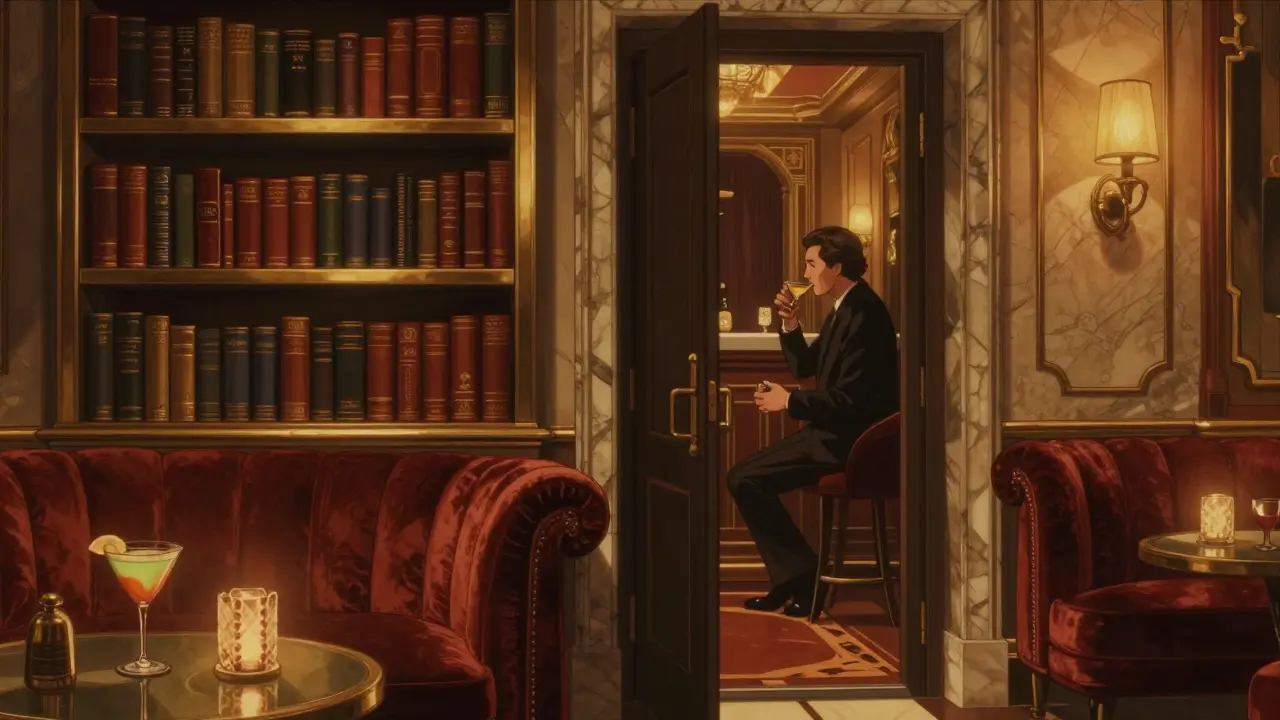 Hidden speakeasy bar behind a bookshelf with dim lighting and luxury cocktails.