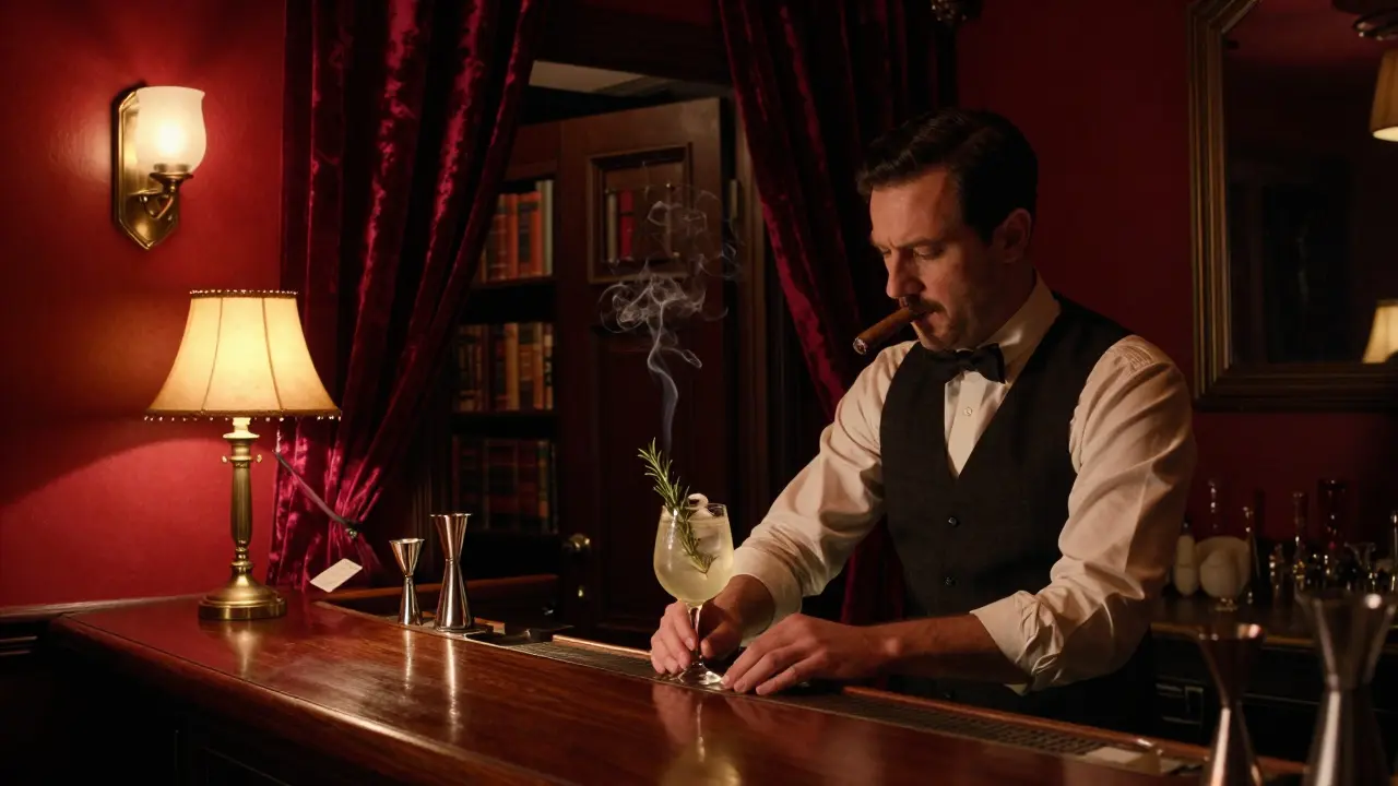 Hidden speakeasy bar with dim lighting, bartender mixing drinks behind a wooden bar, bookshelf door slightly open in background.