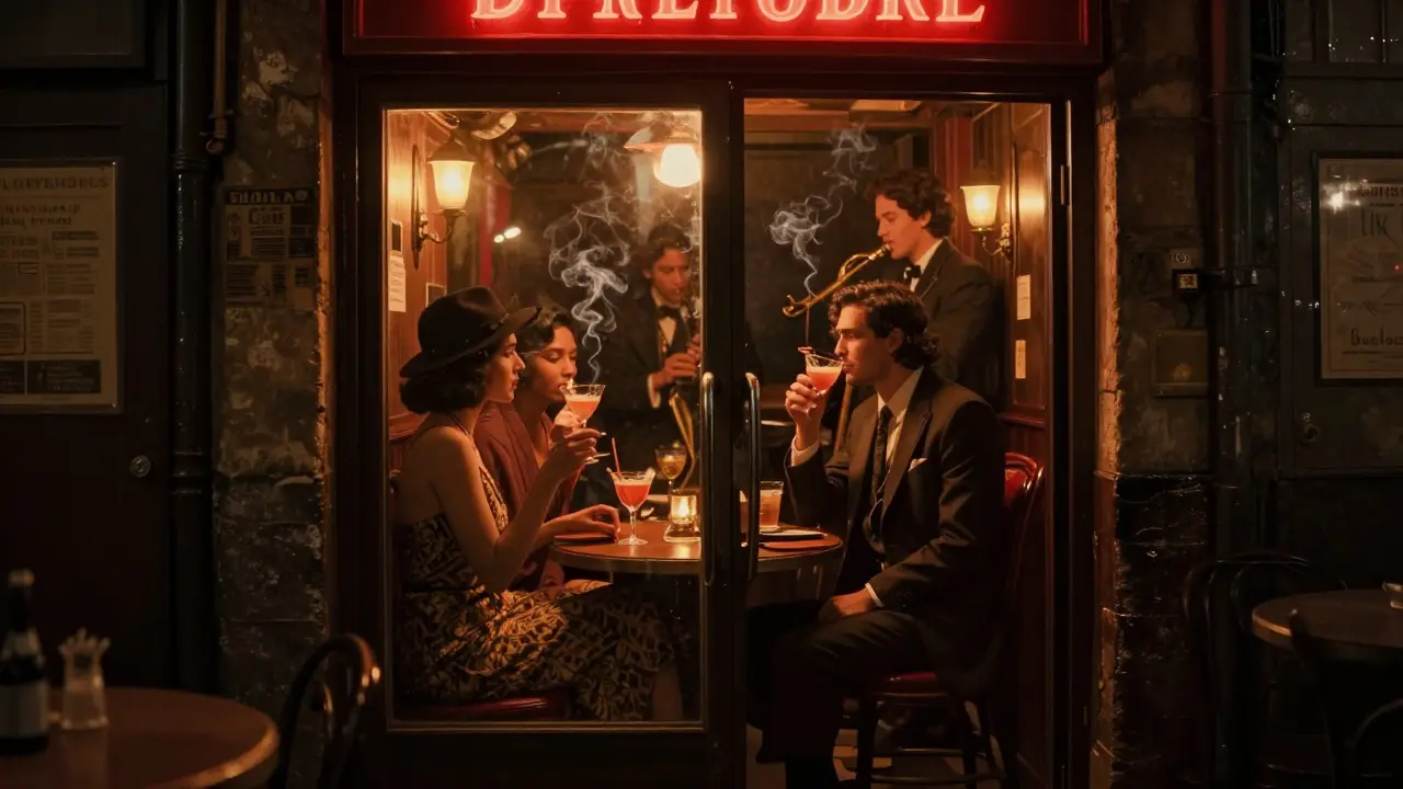 Hidden speakeasy interior with patrons sipping cocktails in warm, moody lighting behind a fridge door entrance.