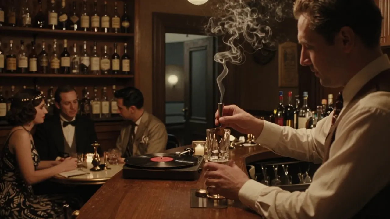 Hidden speakeasy with warm lighting, a bartender crafting cocktails, and jazz vinyl playing.