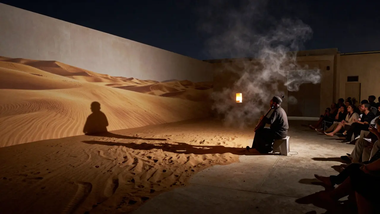 Immersive desert art installation with projected sand and live oud music in a warehouse at Alserkal Avenue.