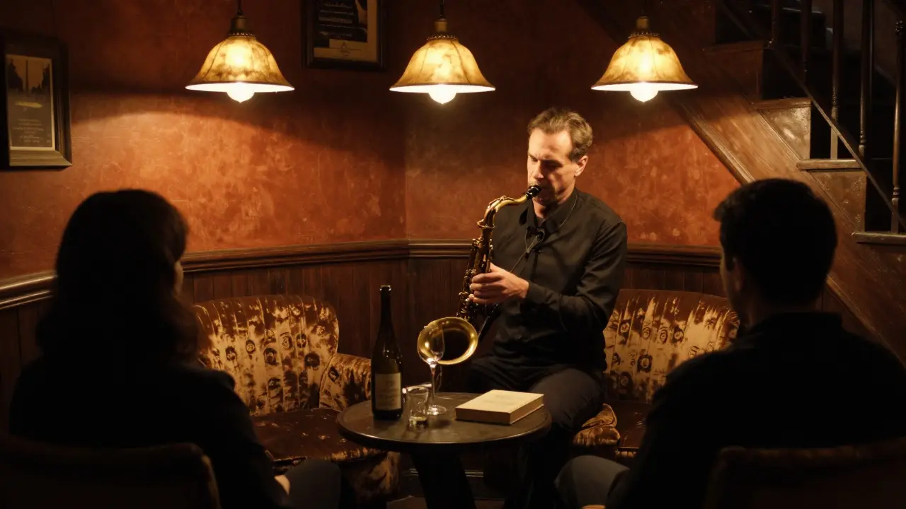 Intimate jazz club with vintage lamps, saxophonist playing, and a single wine glass on a table.