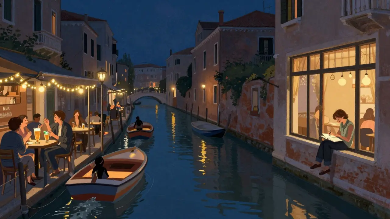Lantern-lit boats on Navigli canals at night with patrons at outdoor bars and glowing reflections on water.