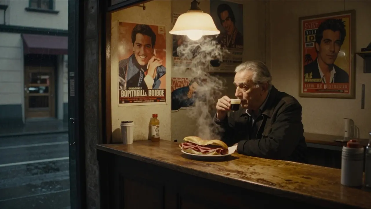 Late-night snack bar at 4 a.m. serving panino and espresso in quiet, authentic Milanese setting.